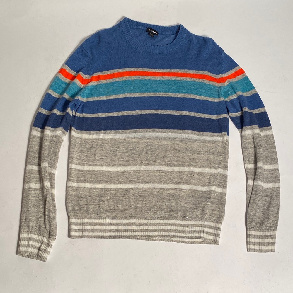 Designer DIESEL Blue, Grey & Red Linen Light Striped Crew Neck Sweater! Size L